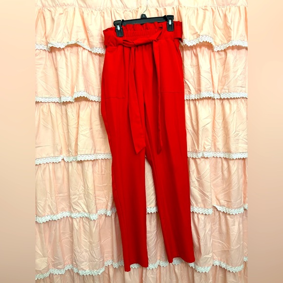 Women’s red paper bag waist pants - Picture 2 of 4
